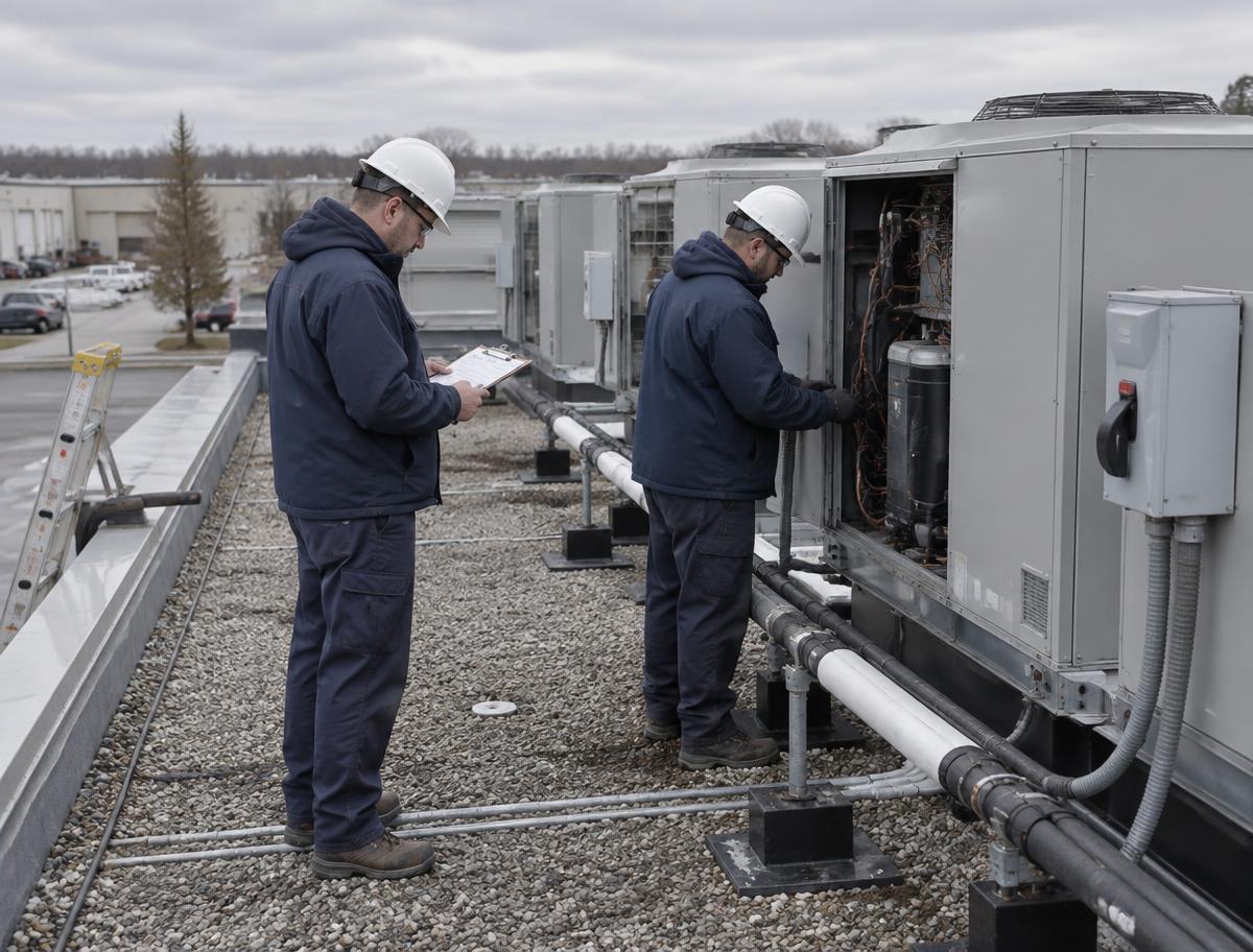 Kirin Air technicians servicing commercial rooftop units