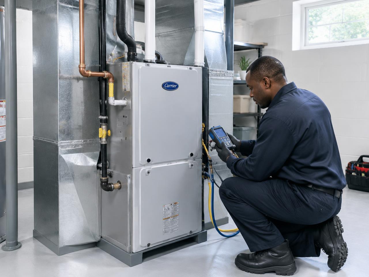 Technician installing a high-efficiency furnace in a basement