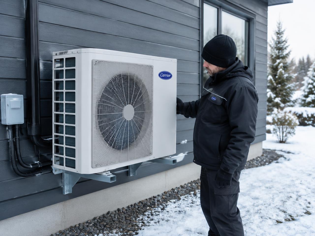 Cold-climate heat pump outside a brick home in winter