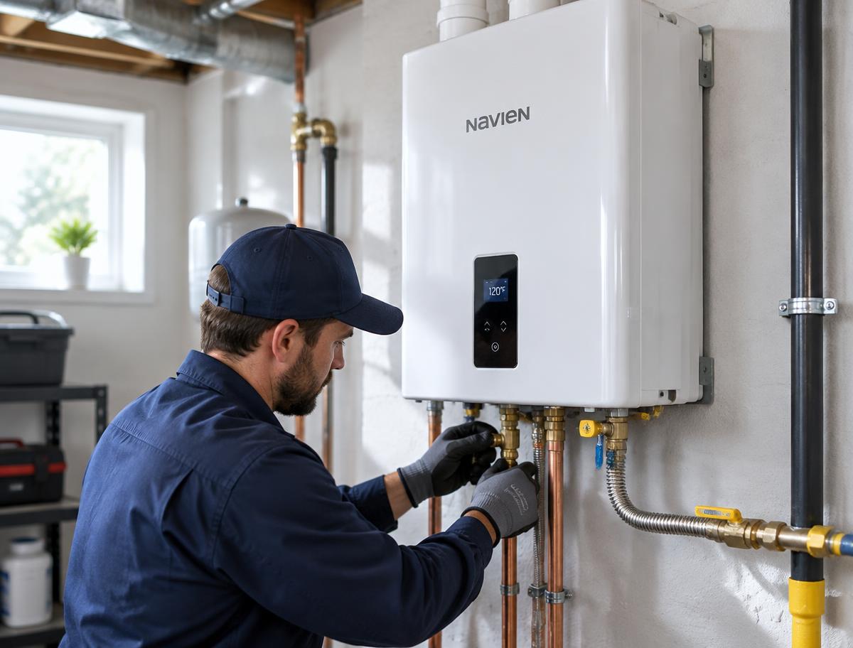 Technician connecting a wall-mounted Navien tankless water heater