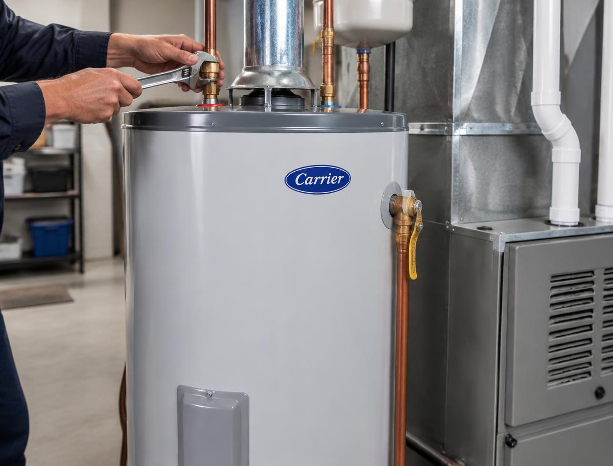 Technician installing a standard Carrier water heater tank