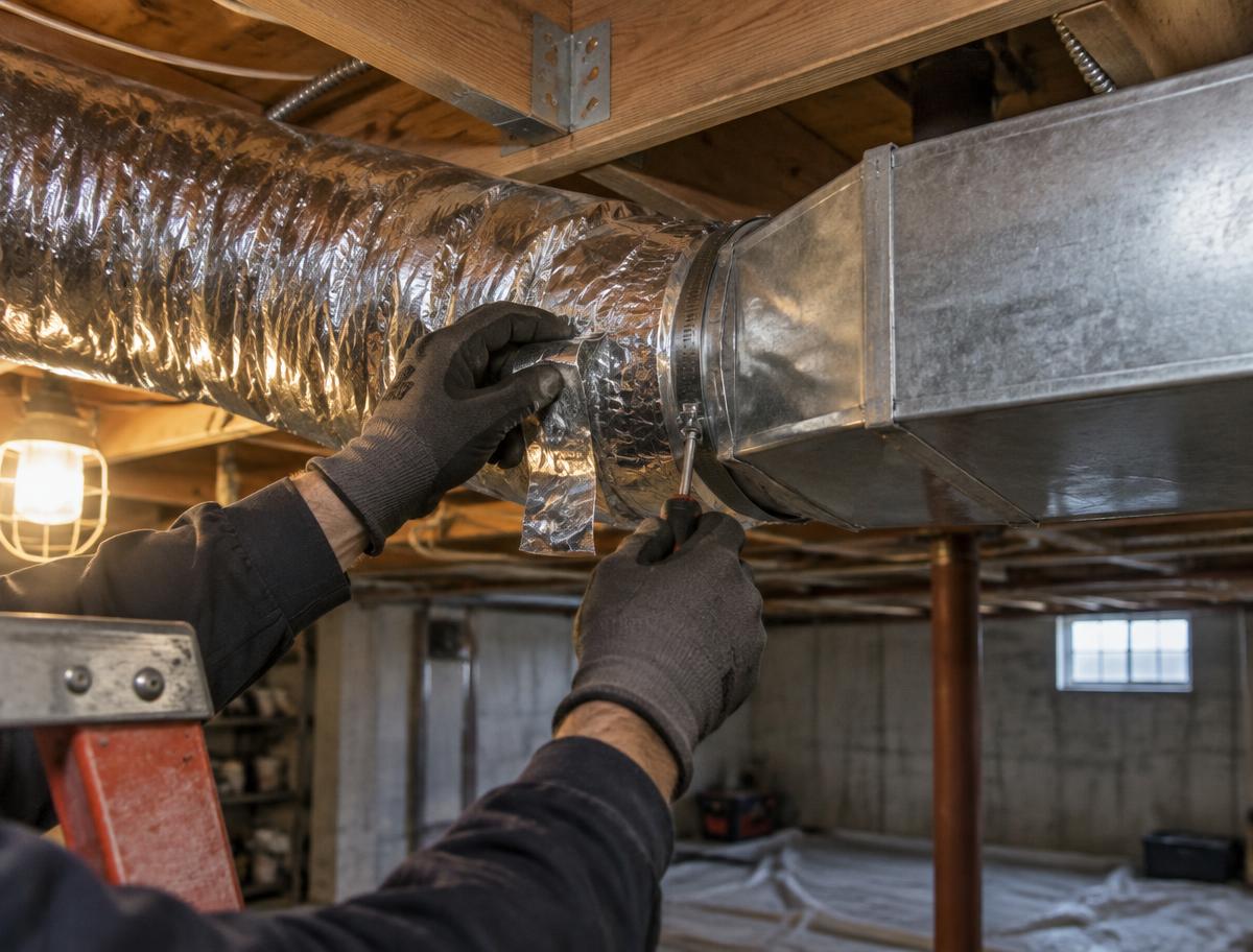 Technician sealing ductwork in a home basement