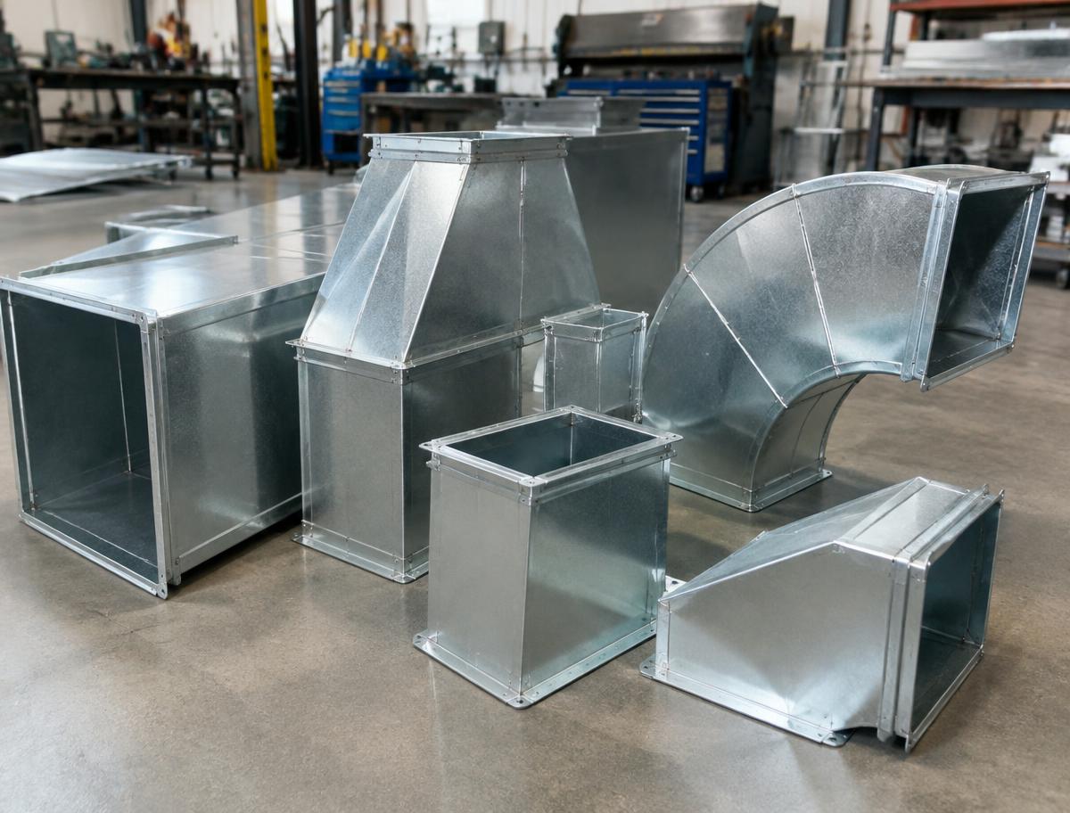 Finished custom galvanised duct pieces standing in the shop