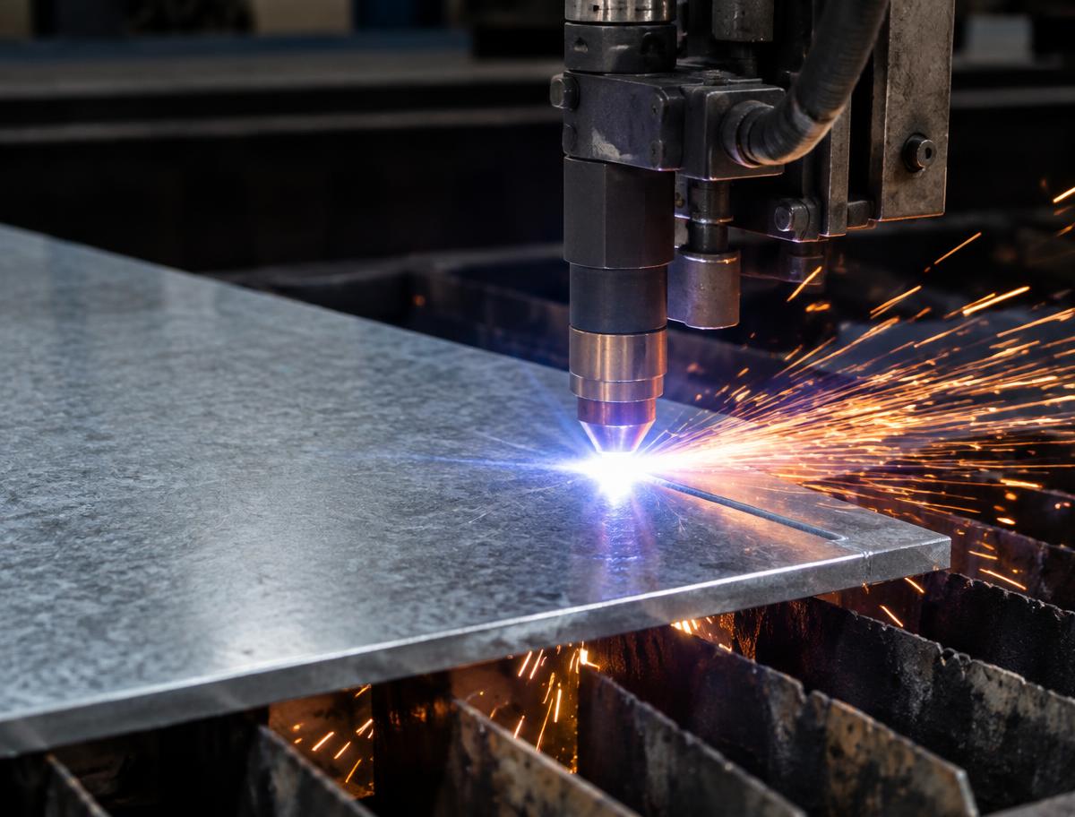 Plasma cutter torch slicing through a steel sheet